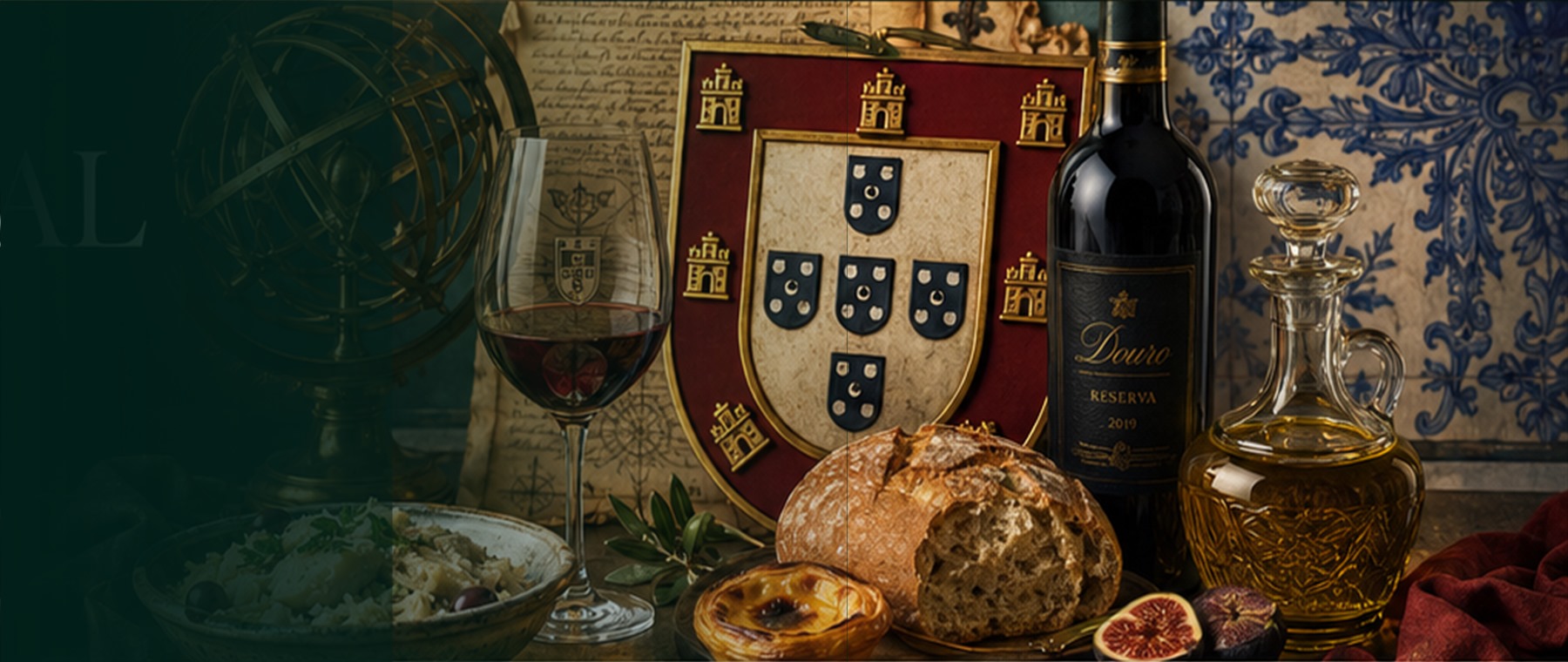 Capa editorial premium com brasão português, esfera armilar, azulejaria, vinho e gastronomia